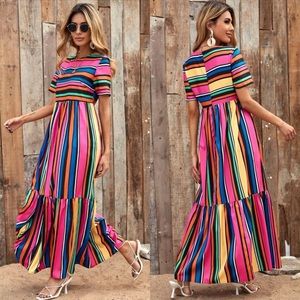 Striped Ruffle Hem Baby Doll Dress, Multicolor L(8/10)